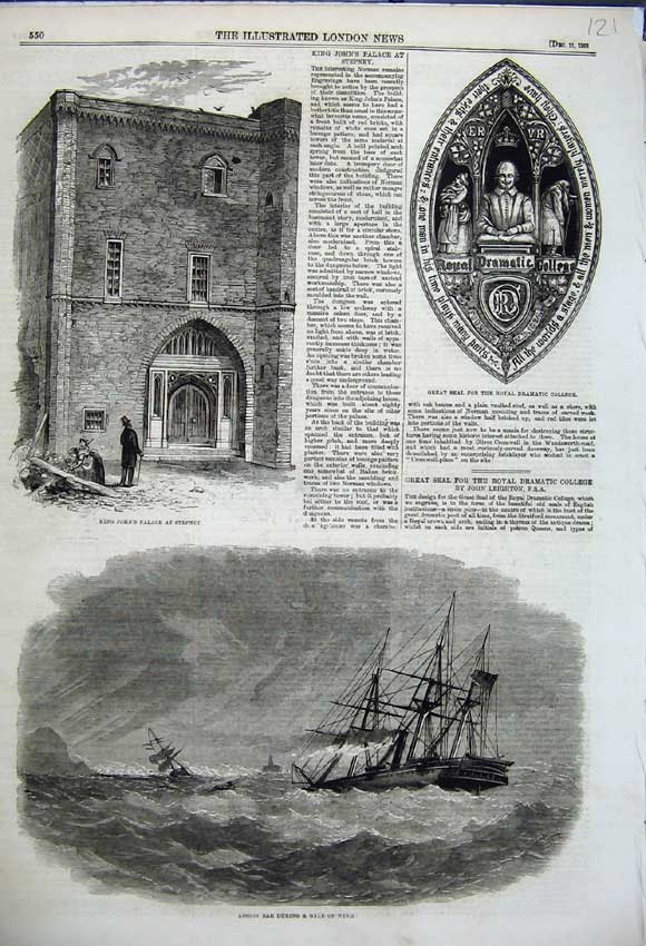 Old Antique Print 1858 Lisbon Bar Ship Storm King John Palace Stepney Art 19th