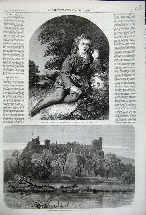 Old Antique Print 1858 Whittington Highgate Arundel Castle Duke Norfolk 19th