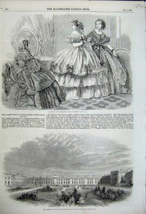 Original Old Antique Print Womens Fashion 1858 Albert Wing Victuallers Asylum