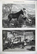 Old Antique Print 1858 Little Girl Fedding Donkey Straw Goat Family House 19th