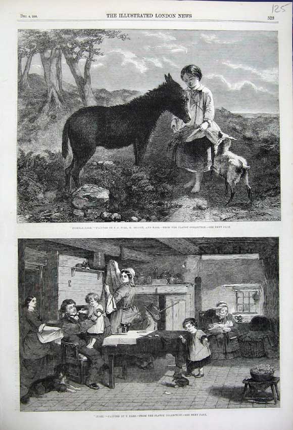 Old Antique Print 1858 Little Girl Fedding Donkey Straw Goat Family House 19th
