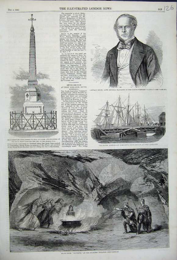 Old Antique Print 1858 Captain Huish Macbeath Princess Theatre Monument 19th