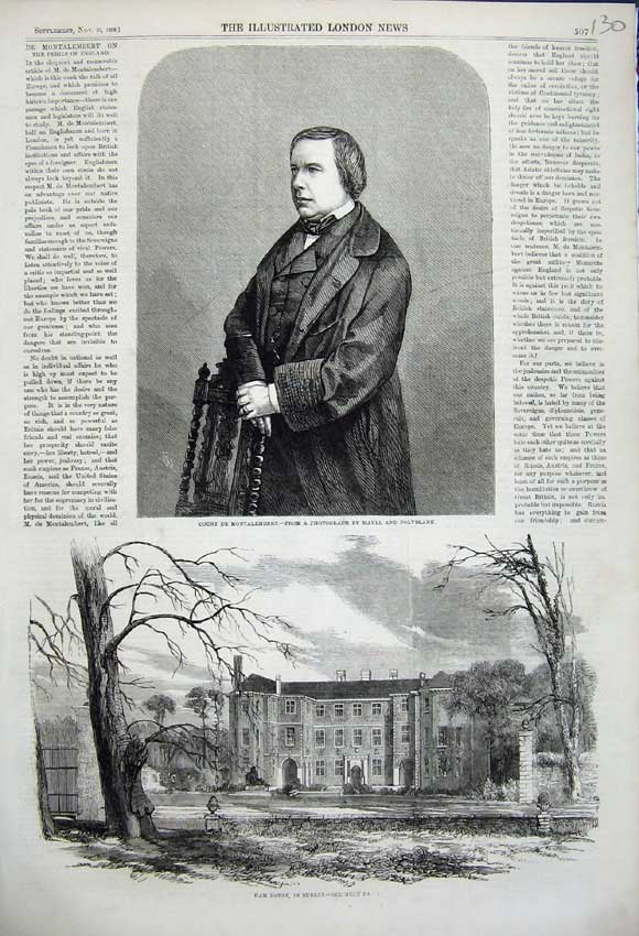 Old Antique Print 1858 Portrait Count Montalembert Man Ham House Surrey 19th
