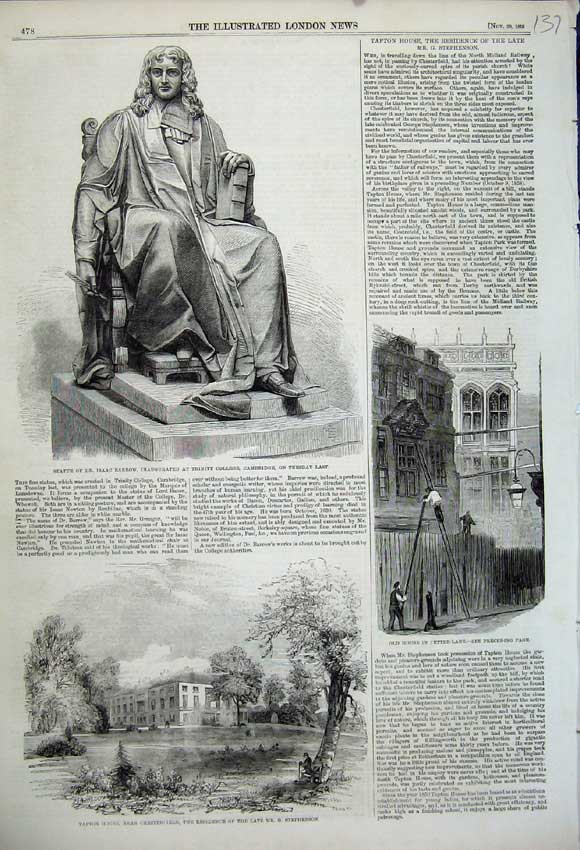 Original Old Antique Print 1858 Statue Isaac Barrow Trinity Tapton House Petter