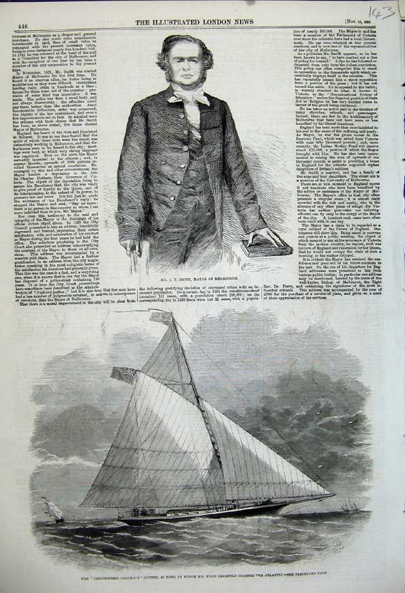 Original Old Antique Print 1858 Mr Smith Mayor Melbourne Columbus Ship Webb Sea