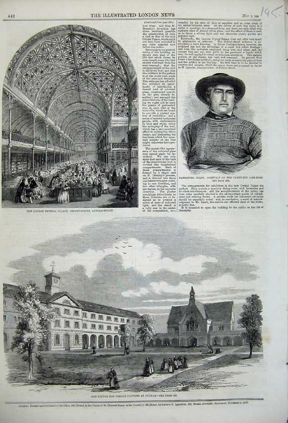 Old Antique Print 1858Crystal Palace London Colby Life-Boat Fulham Prison 19th