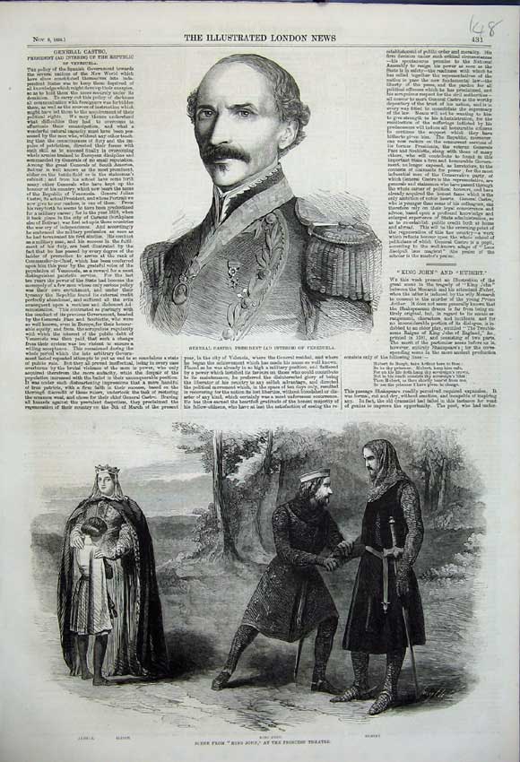 Old Antique Print 1858 General Castro Venezuela King John Princes Theatre 19th
