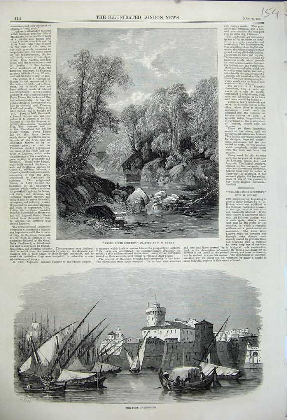 Original Old Antique Print Welsh River Scenery Trees 1858 Port Leghorn Fine Art