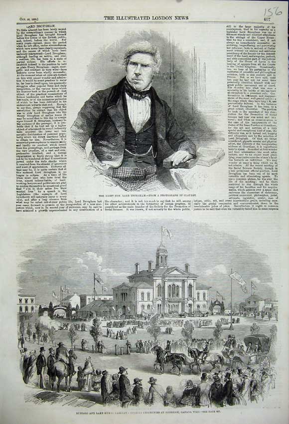 Original Old Antique Print 1858 Lord Brougham Buffalo Lake Huron Railway Canada