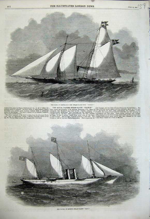 Original Old Antique Print King Denmark Steam Ship Falkin 1858 Pacha Egypt Said