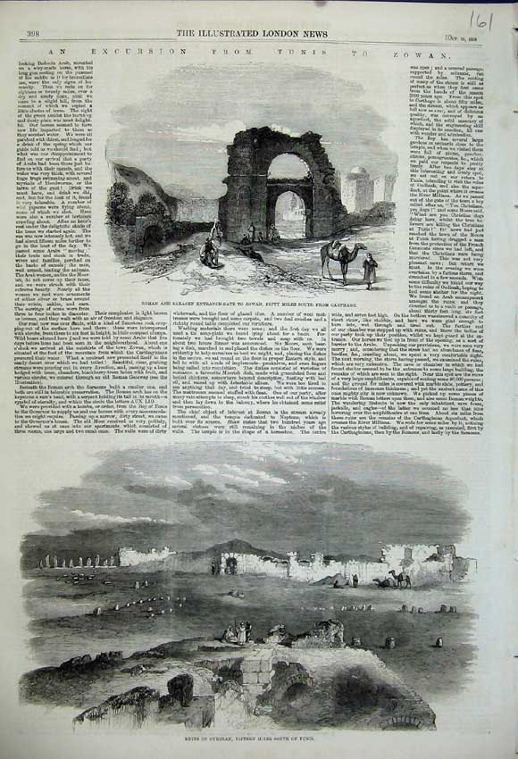 Old Antique Print 1858 Ruins Oudinah Tunis Roman Gate Zowan Carthage Art 19th