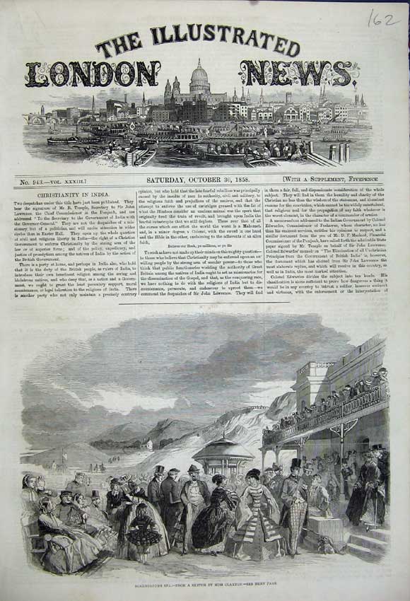 Original Old Antique Print 1858 Scarborough Spa People Mountains Buildings 19th