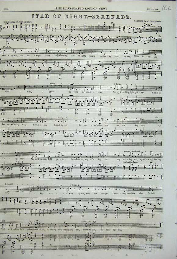 Old Antique Print 1858 Sheet Music Star Night Seranade Enderssohn Ellison 19th