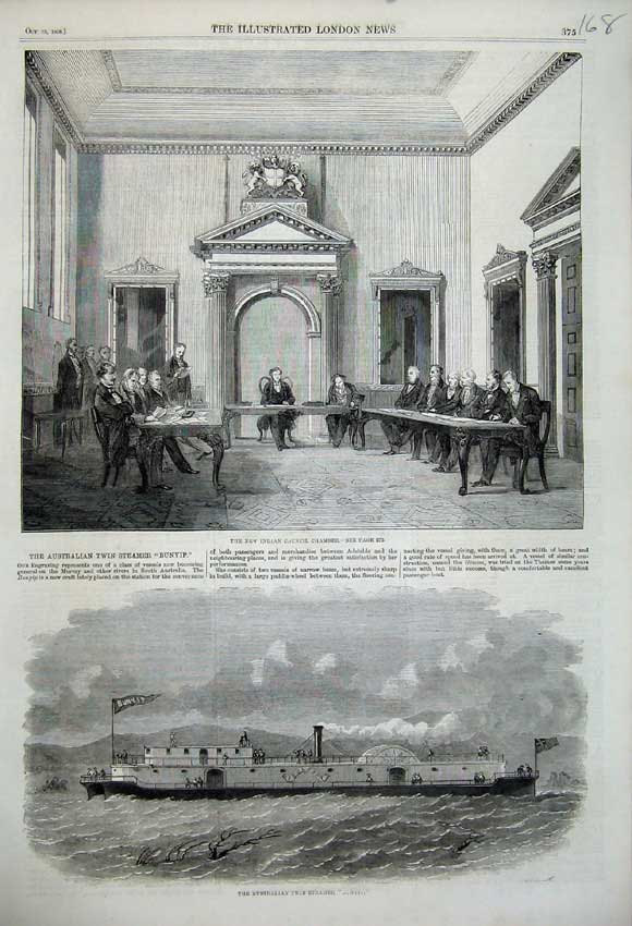 Old Antique Print 1858 Indian Council Chamber Australian Steamer Bunyip 19th