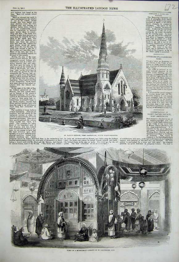Original Old Antique Print Paul'S Church Smethwick 1858 Tomb Mussulam People