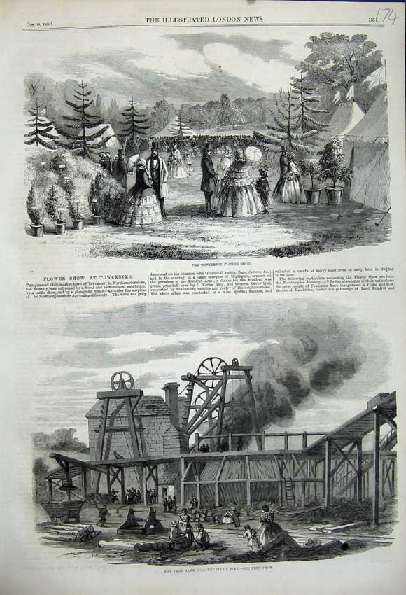 Old Antique Print 1858 Page Bank Colliery Pit Fire Towchester Flower Show 19th
