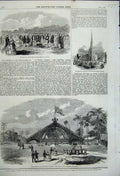 Old Antique Print 1858 Ceylon Railway Banquet Bungalow Church Birmingham 19th