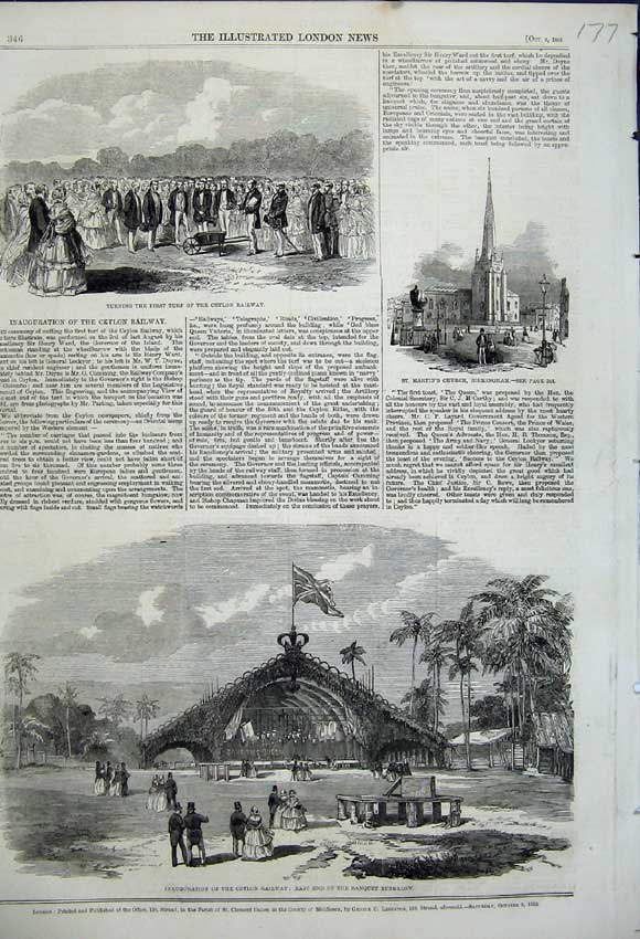 Old Antique Print 1858 Ceylon Railway Banquet Bungalow Church Birmingham 19th
