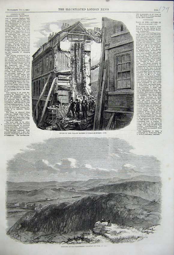 Old Antique Print 1858 Ruins House Pilgrim Street Llandudno Railway Train 19th
