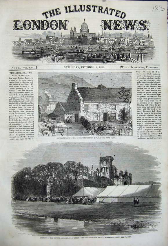 Original Old Antique Print Robert Stephenson 1858 Horticultural Kirkstall Abbey