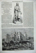 Original Old Antique Print 1858 Statue Isaac Newton Brancepeth Castle Durham