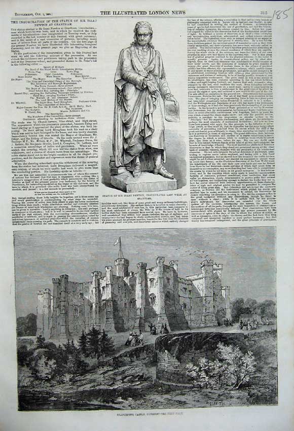 Original Old Antique Print 1858 Statue Isaac Newton Brancepeth Castle Durham