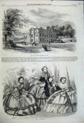 Original Old Antique Print 1858 Womens Fashion Dresses Moor Park Surrey Garden