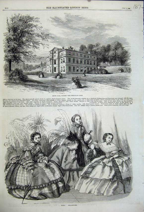 Original Old Antique Print 1858 Womens Fashion Dresses Moor Park Surrey Garden