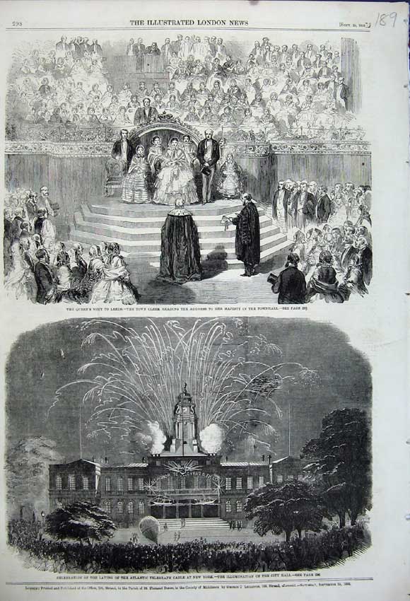 Old Antique Print 1858 New York City Hallilluminations Queen Leeds Clerk 19th