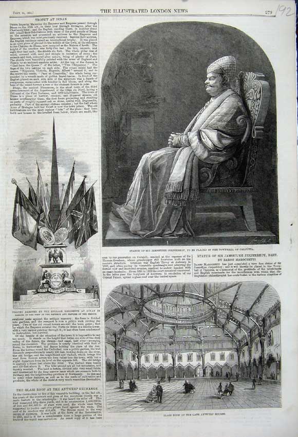 Old Antique Print 1858 Statue Jeejeebhoy Antwerp Bourse Trophy Dinan Art 19th