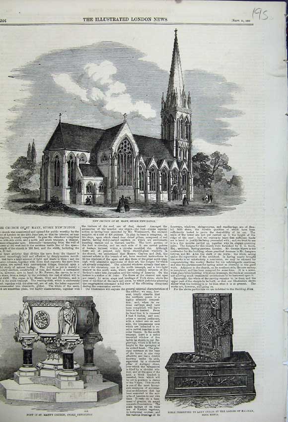 Old Antique Print 1858 Church St Mary Stoke Newington Bible Font Inglis 19th
