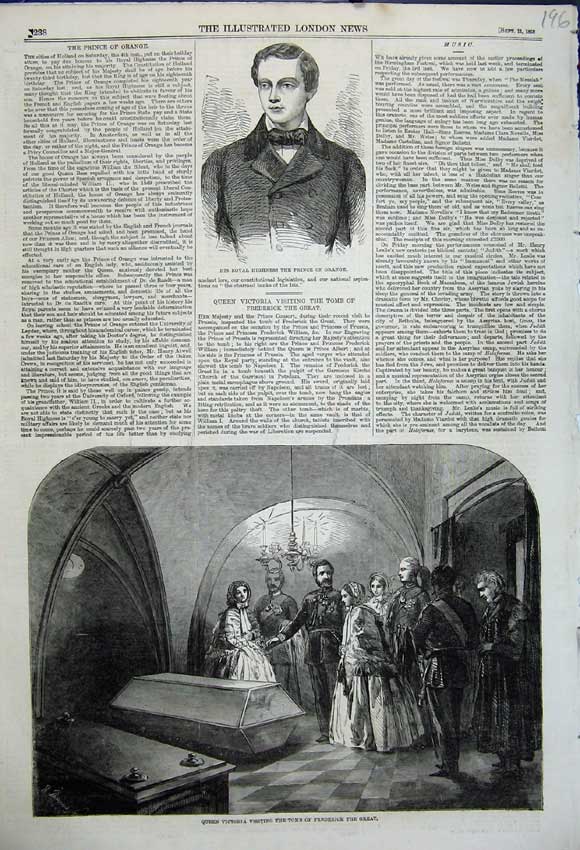 Old Antique Print 1858 Prince Orange Queen Victoria Tomb Frederick Great 19th