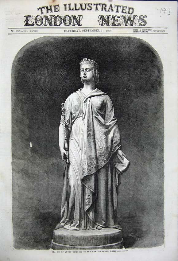 Old Antique Print 1858 Statue Queen Victoria New Townhall Leeds England 19th