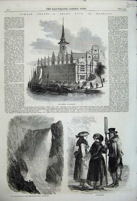 Original Old Antique Print 1858 Borsen Copenhagen Voring Foss Norway Jutlanders
