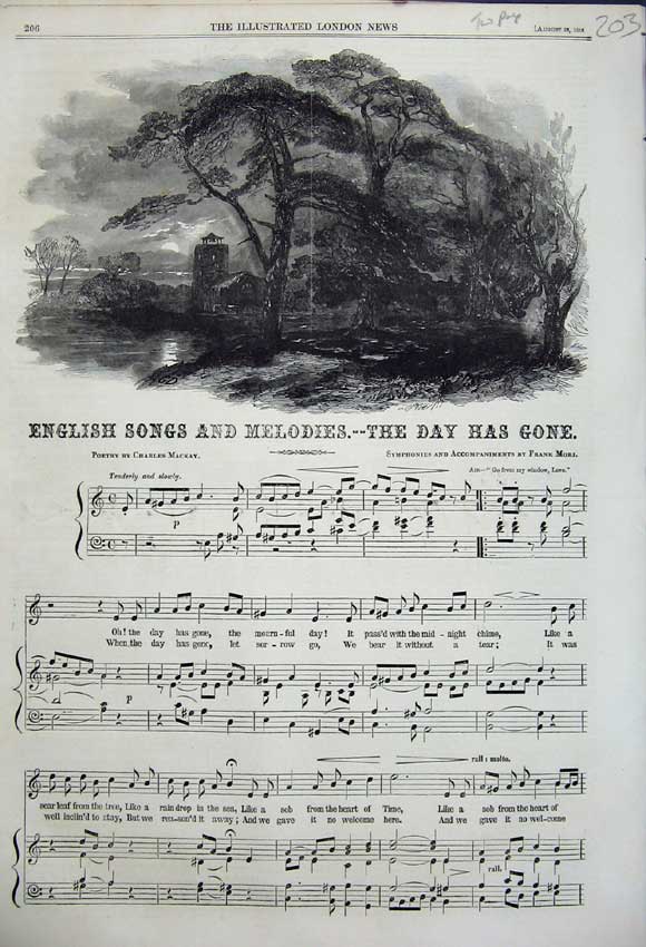 Original Old Antique Print 1858 Day Has Gone English Songs Melodies Sheet Music