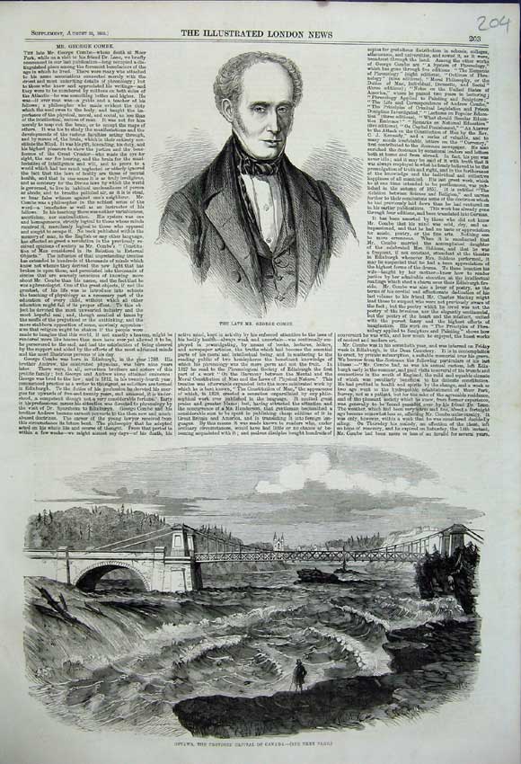 Old Antique Print 1858 Mr George Combe Ottawa Canada River Bridge River 19th
