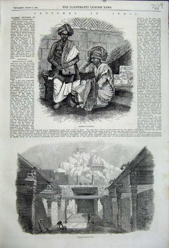 Original Old Antique Print 1858 Brahmin Students India Trichinopoly Rock 19th