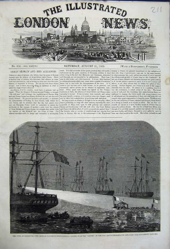 Old Antique Print 1858 Cherbourg Napoleon Gondola Diadem Ship Major Art 19th
