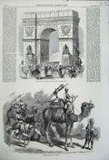 Original Old Antique Print 1858 Cherbourg Triumphal Arch Camel Jingalls Weapons