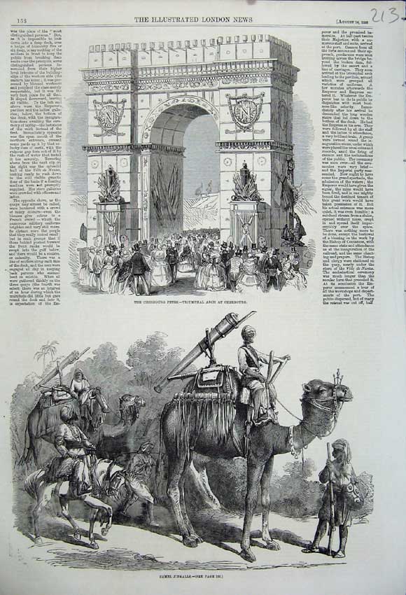 Original Old Antique Print 1858 Cherbourg Triumphal Arch Camel Jingalls Weapons