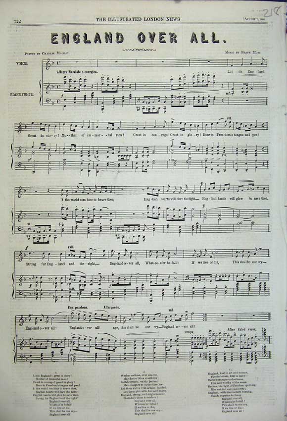 Original Old Antique Print 1858 Sheet Music England Over All Frank Mori Mackay