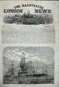 Original Old Antique Print 1858 Majesty Queen Cherbourg Sailing Ships Sea 19th