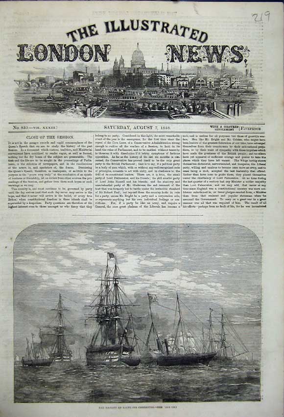 Original Old Antique Print 1858 Majesty Queen Cherbourg Sailing Ships Sea 19th