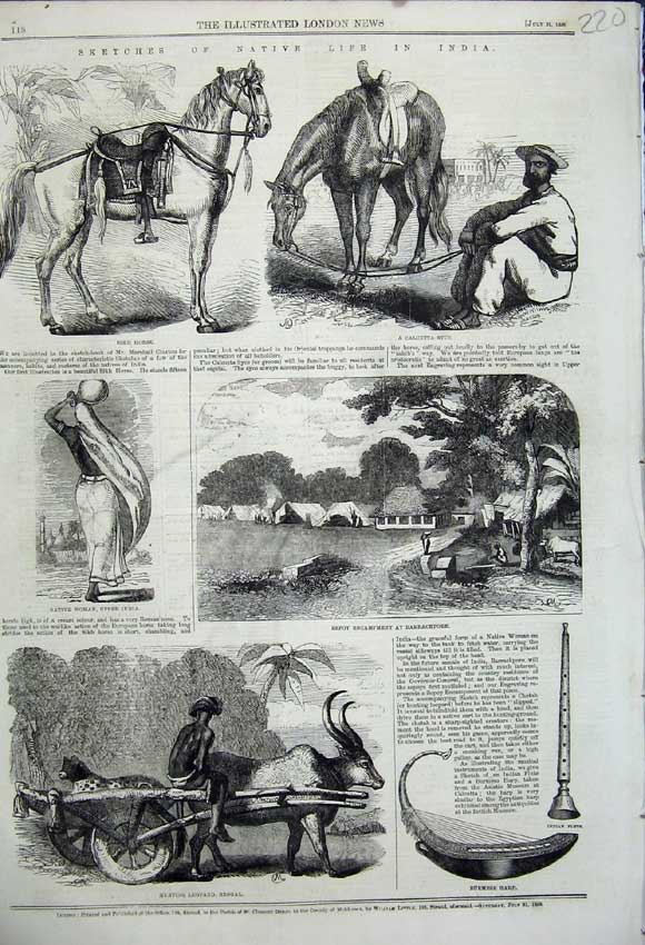 Old Antique Print 1858 Natives India Burmese Harp Sikh Horse Leopard Hunt 19th