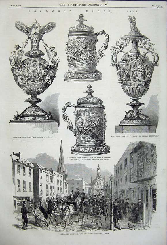 Old Antique Print Chichester Cross Goodwood Races 1858 Cup Street Sport 19th