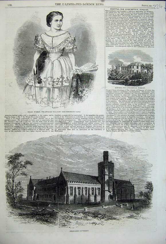 Old Antique Print Melbourne University 1858 Humler Swedish Violinist Art 19th