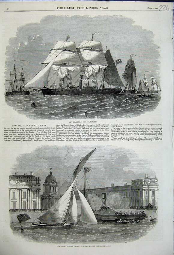 Old Antique Print 1858 Brazilian Gun-Boat Fleet London Yacht Club Match 19th