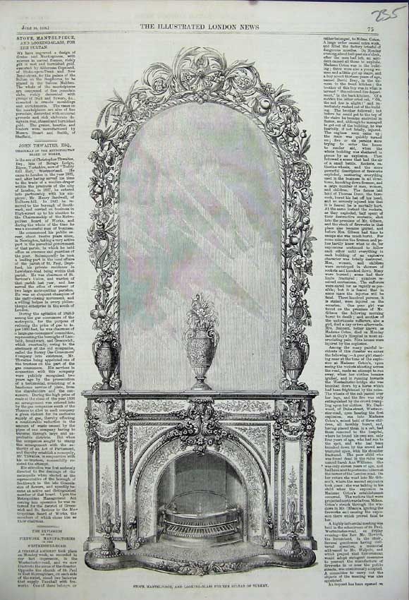 Original Old Antique Print 1858 Stove Mantelpiece Looking Glass Sultan Turkey