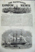 Original Old Antique Print 1858 Sailing War Ship Gravesend Troops Army India