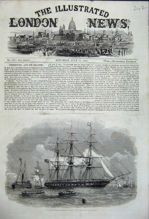 Original Old Antique Print 1858 Sailing War Ship Gravesend Troops Army India